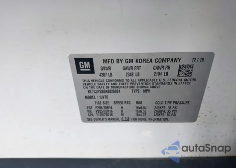 2019 Chevrolet Trax Lt из США, поврежденный, VIN KL7CJPSB6KB826924